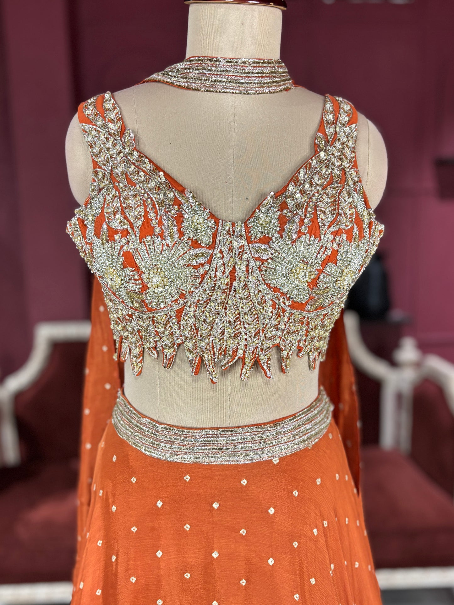 Designer Chinon Orange Lehenga with Embroidered Sleeveless Blouse
