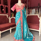Turquoise Silk Saree with Pink Embroidered Designer Border