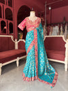 Turquoise Silk Saree with Pink Embroidered Designer Border