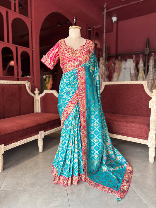 Turquoise Silk Saree with Pink Embroidered Designer Border