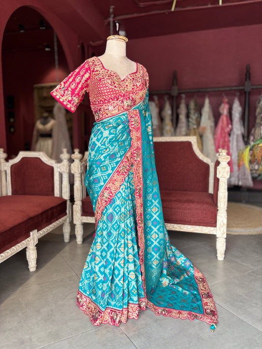 Turquoise Silk Saree with Pink Embroidered Designer Border