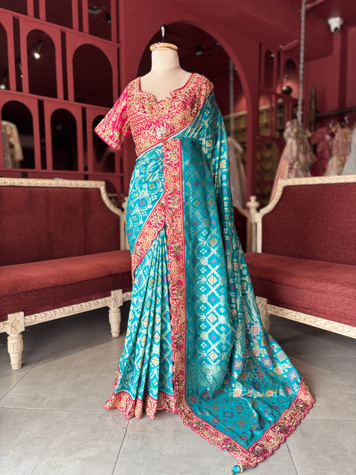 Turquoise Silk Saree with Pink Embroidered Designer Border