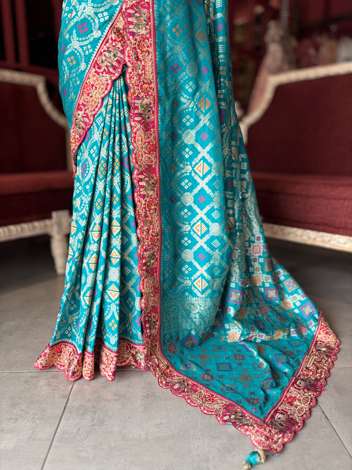 Turquoise Silk Saree with Pink Embroidered Designer Border