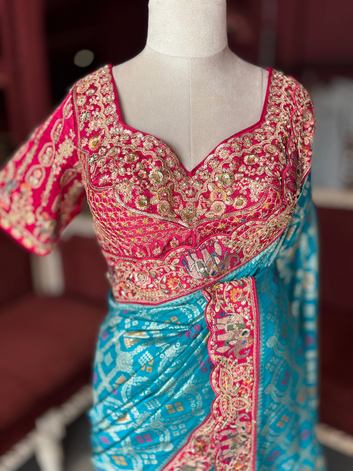 Turquoise Silk Saree with Pink Embroidered Designer Border