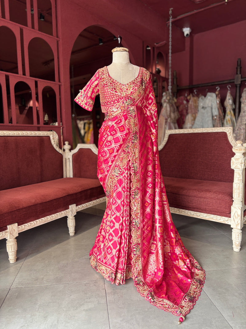 Rani Pink Silk Saree with Heavy Embroidered Designer Border