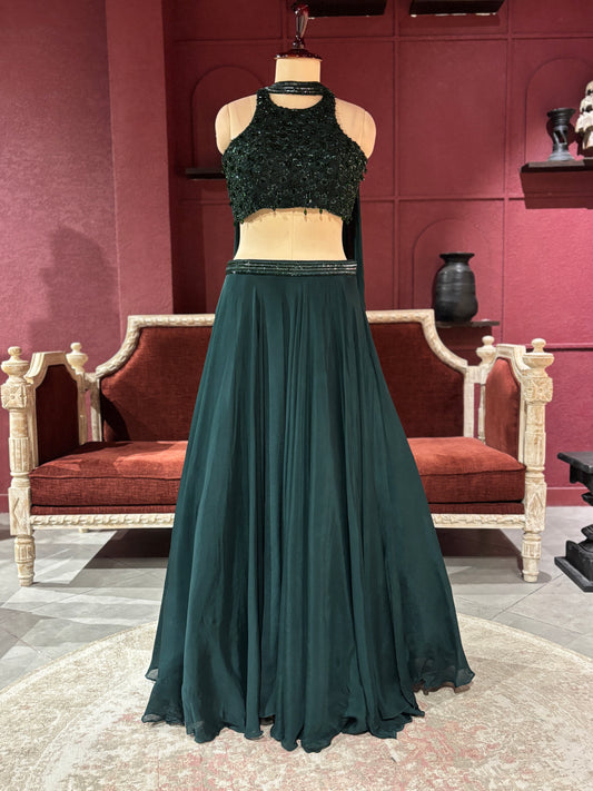 Dark Green Lehenga with Beaded Embroidered Crop Top