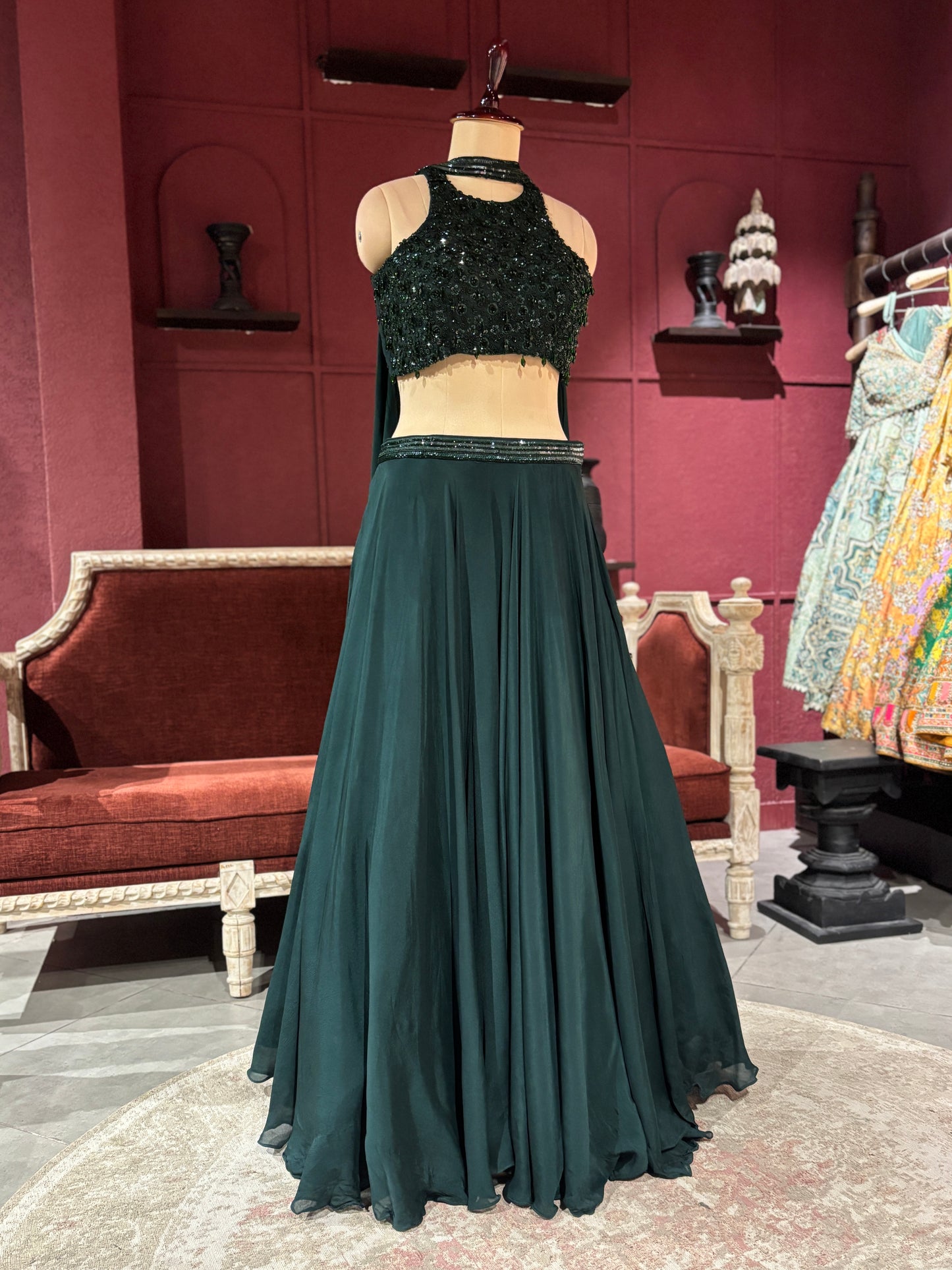 Dark Green Lehenga with Beaded Embroidered Crop Top