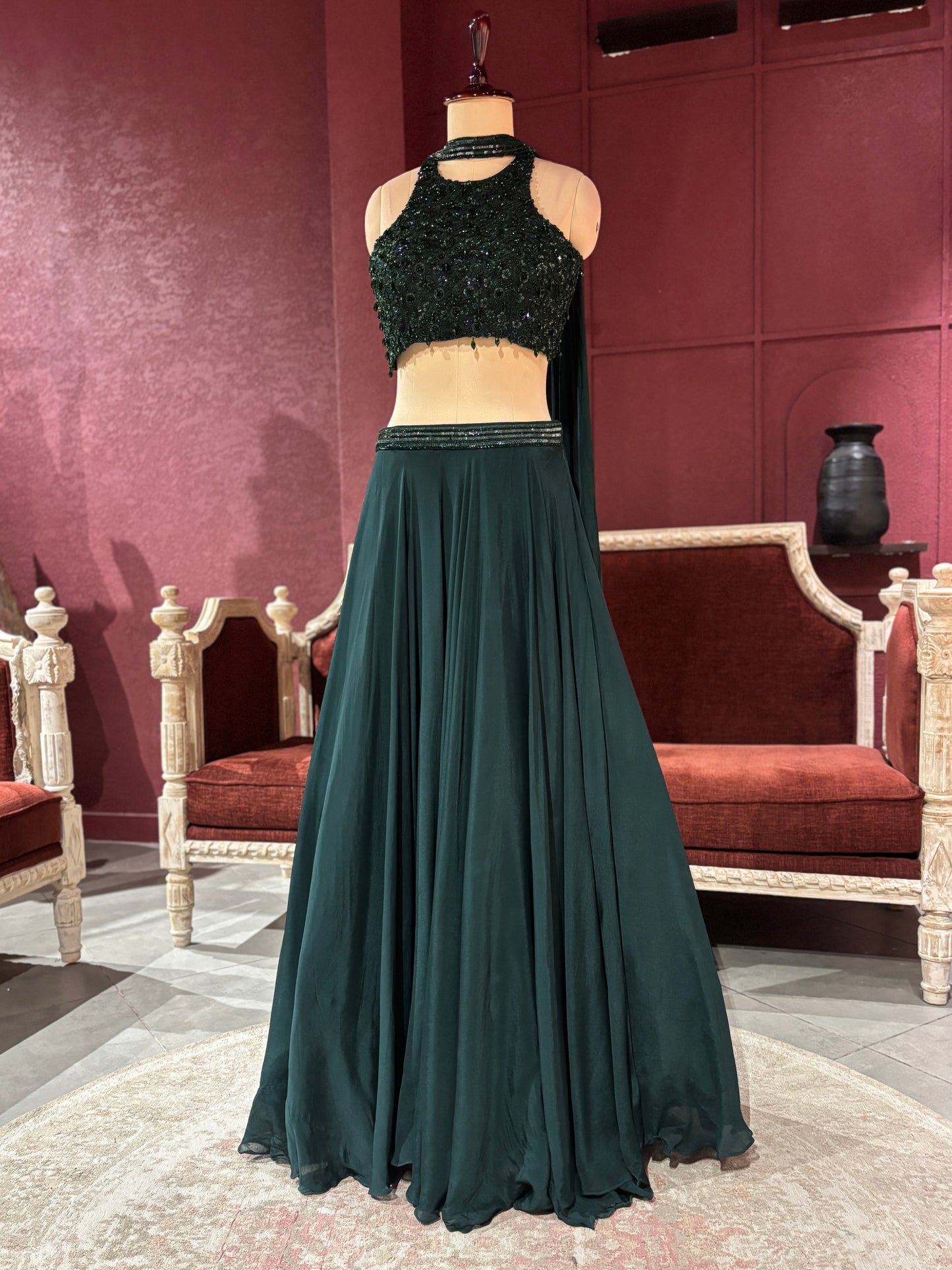 Dark Green Lehenga with Beaded Embroidered Crop Top