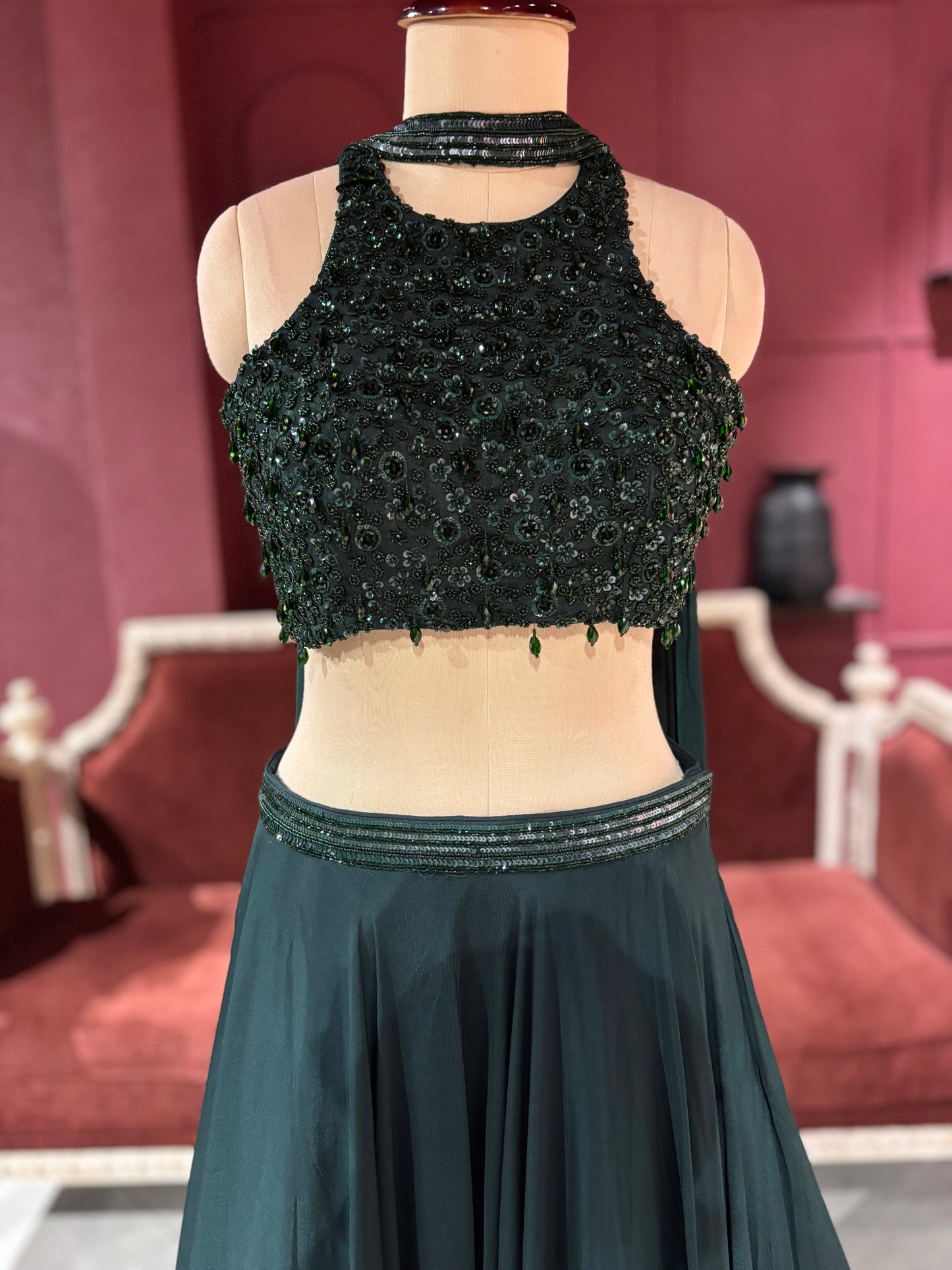 Dark Green Lehenga with Beaded Embroidered Crop Top