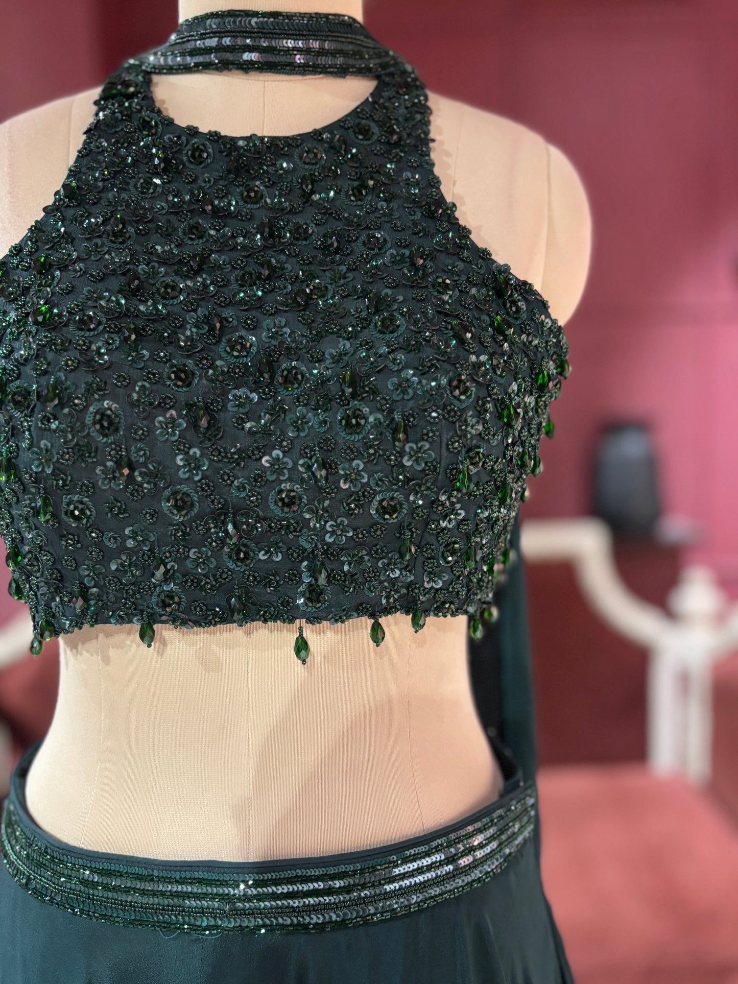 Dark Green Lehenga with Beaded Embroidered Crop Top