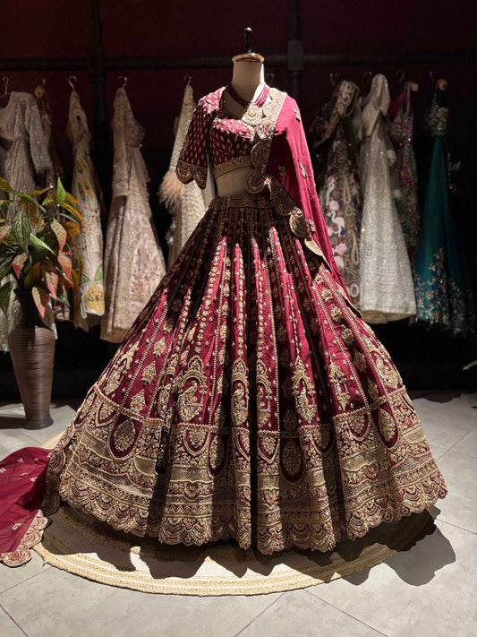 Wine Maroon Bridal Lehenga with Heavy Gold Embroidery & Dupatta