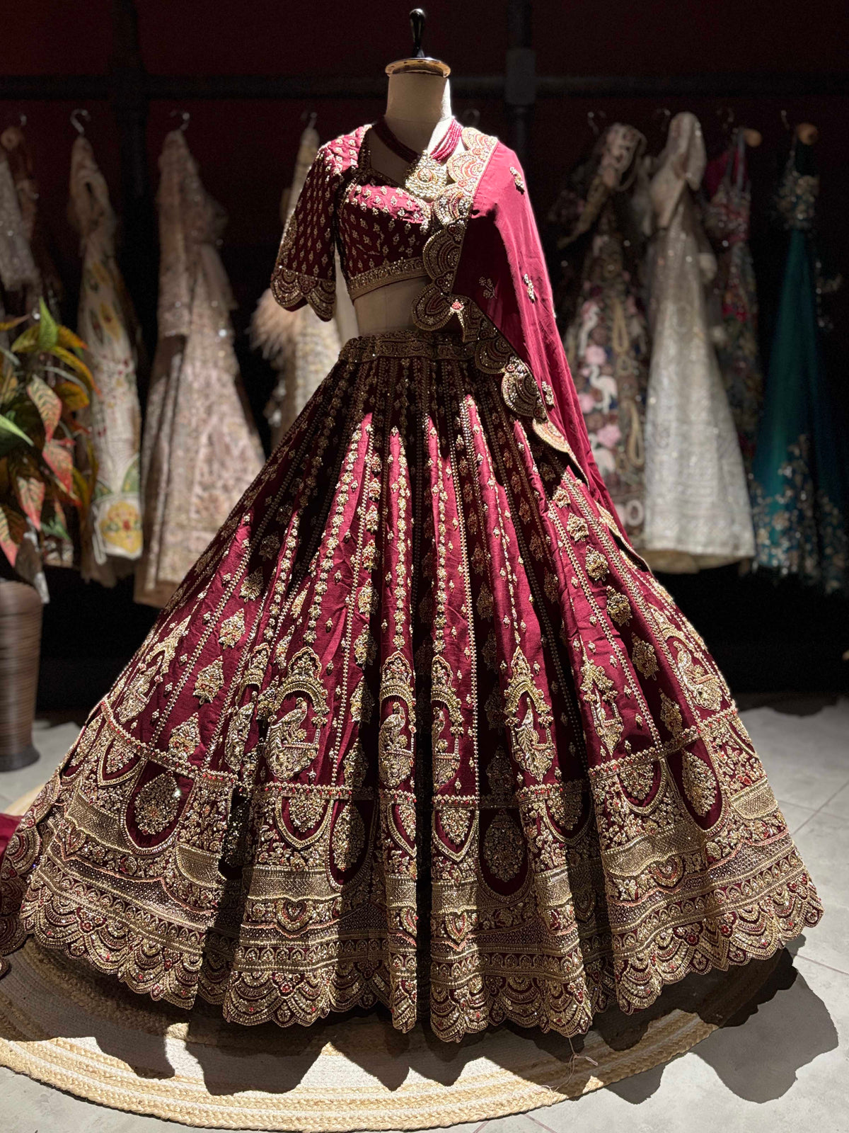 Wine Maroon Bridal Lehenga with Heavy Gold Embroidery & Dupatta