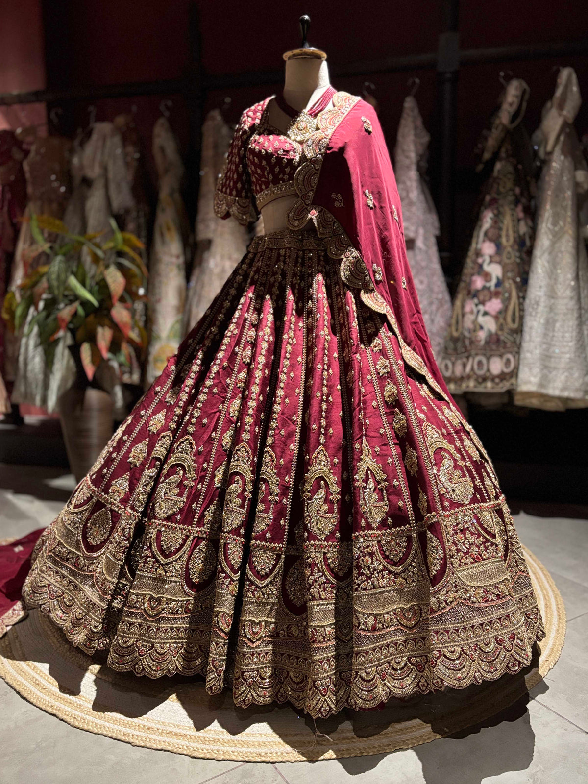 Wine Maroon Bridal Lehenga with Heavy Gold Embroidery & Dupatta