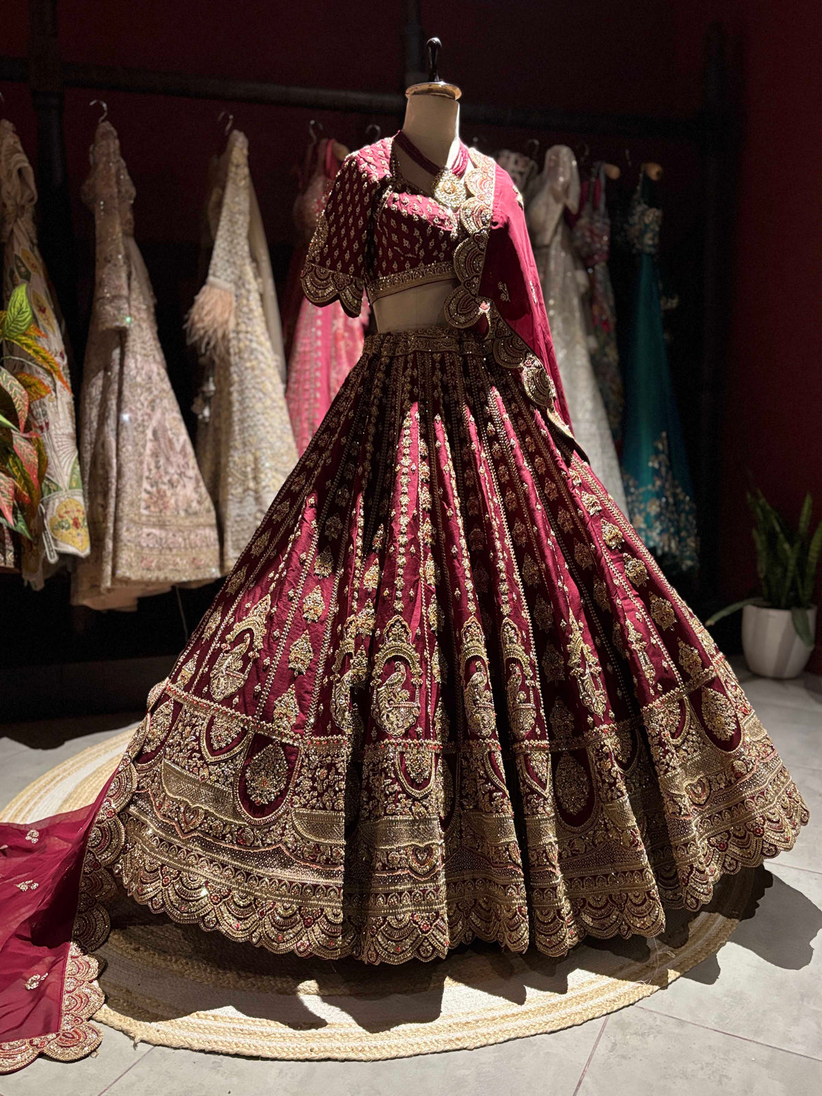 Wine Maroon Bridal Lehenga with Heavy Gold Embroidery & Dupatta