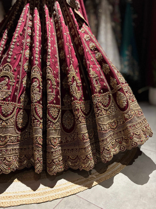 Wine Maroon Bridal Lehenga with Heavy Gold Embroidery & Dupatta