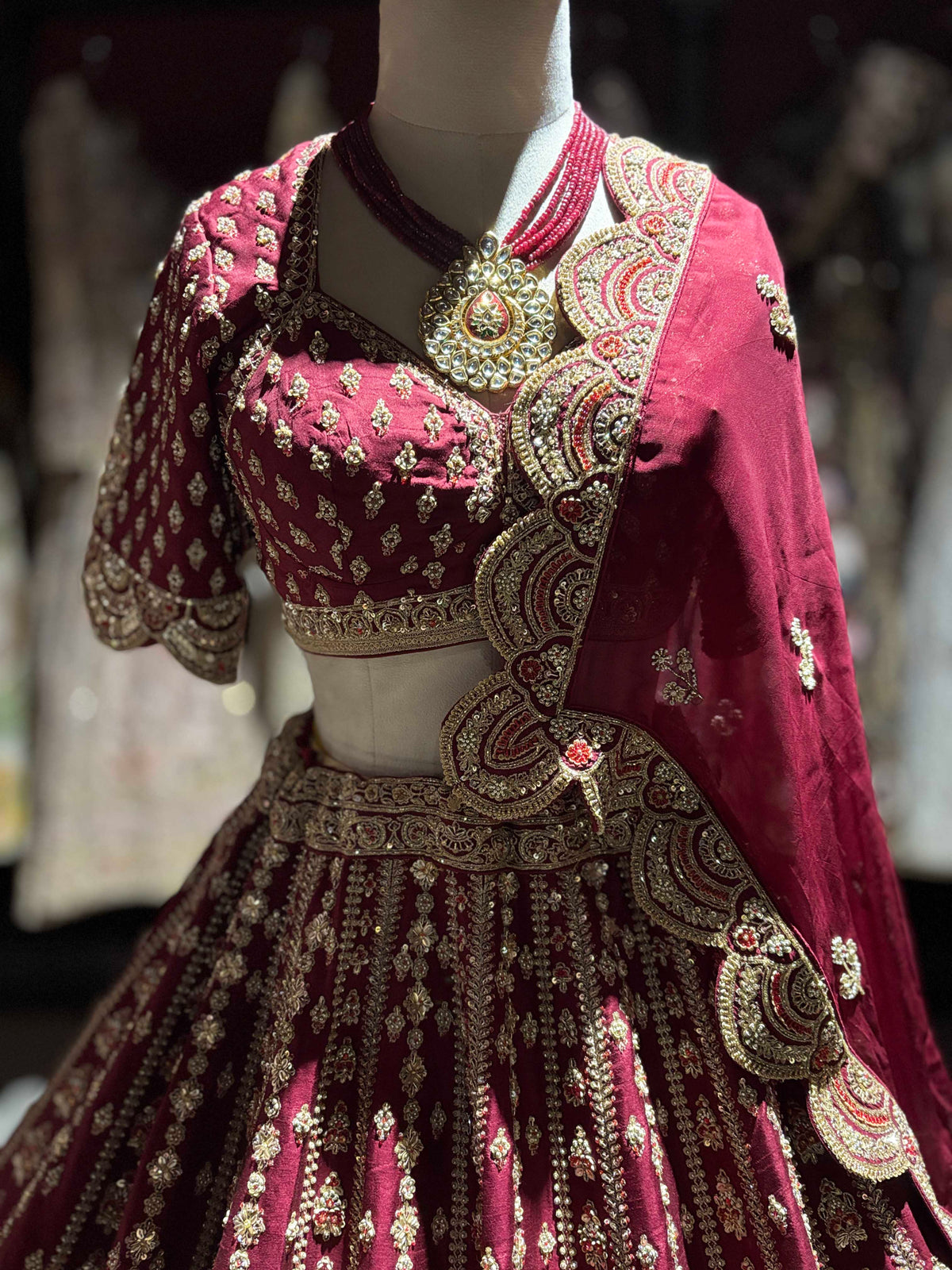 Wine Maroon Bridal Lehenga with Heavy Gold Embroidery & Dupatta