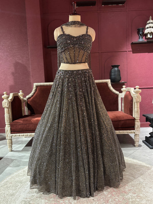 Mouse Colour Embellished Lehenga with Sequined Crop Top
