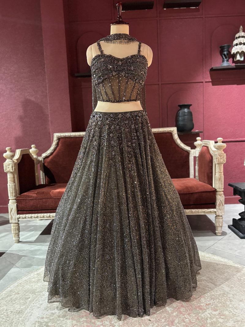 Mouse Colour Embellished Lehenga with Sequined Crop Top