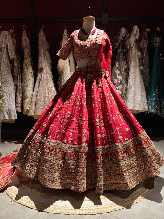 Red Bridal Lehenga with Heavy Gold Embroidery & Dupatta