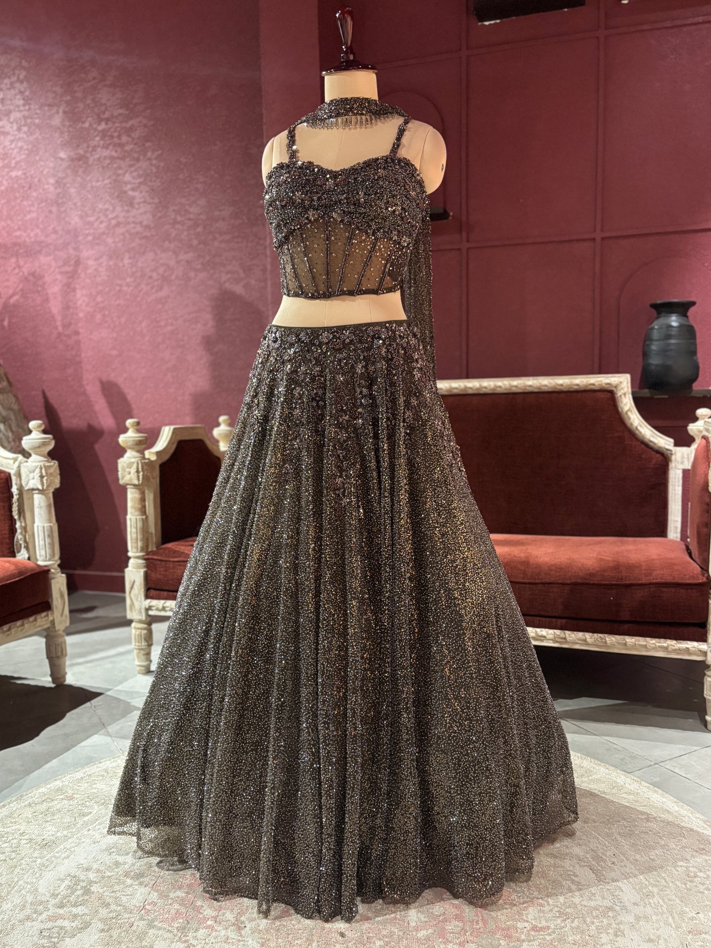 Mouse Colour Embellished Lehenga with Sequined Crop Top