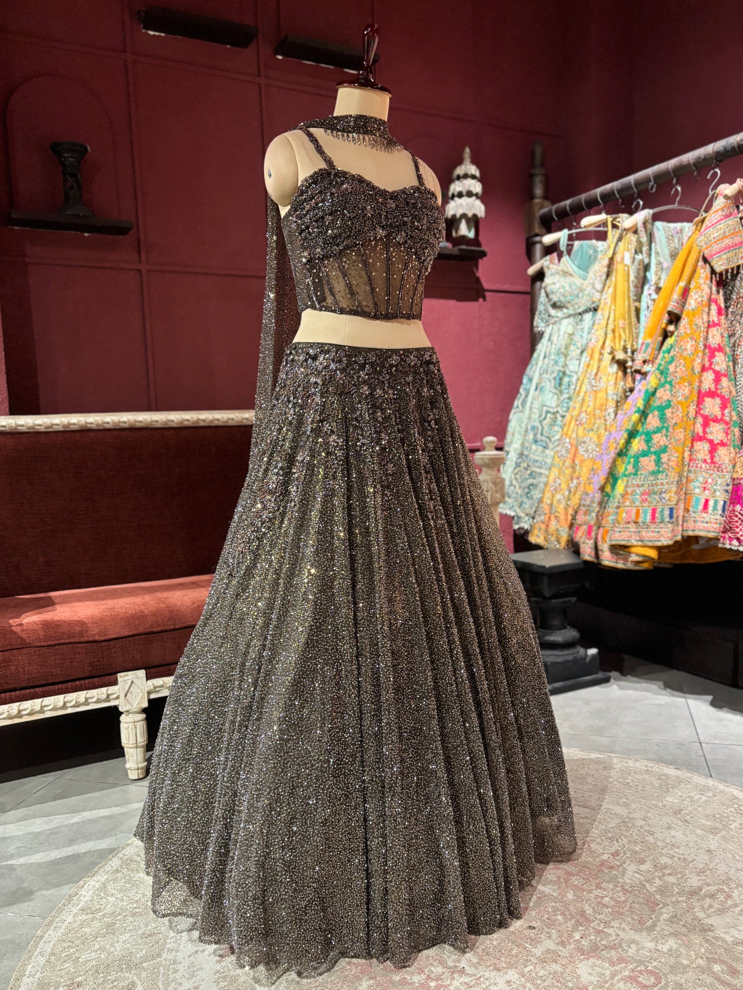 Mouse Colour Embellished Lehenga with Sequined Crop Top