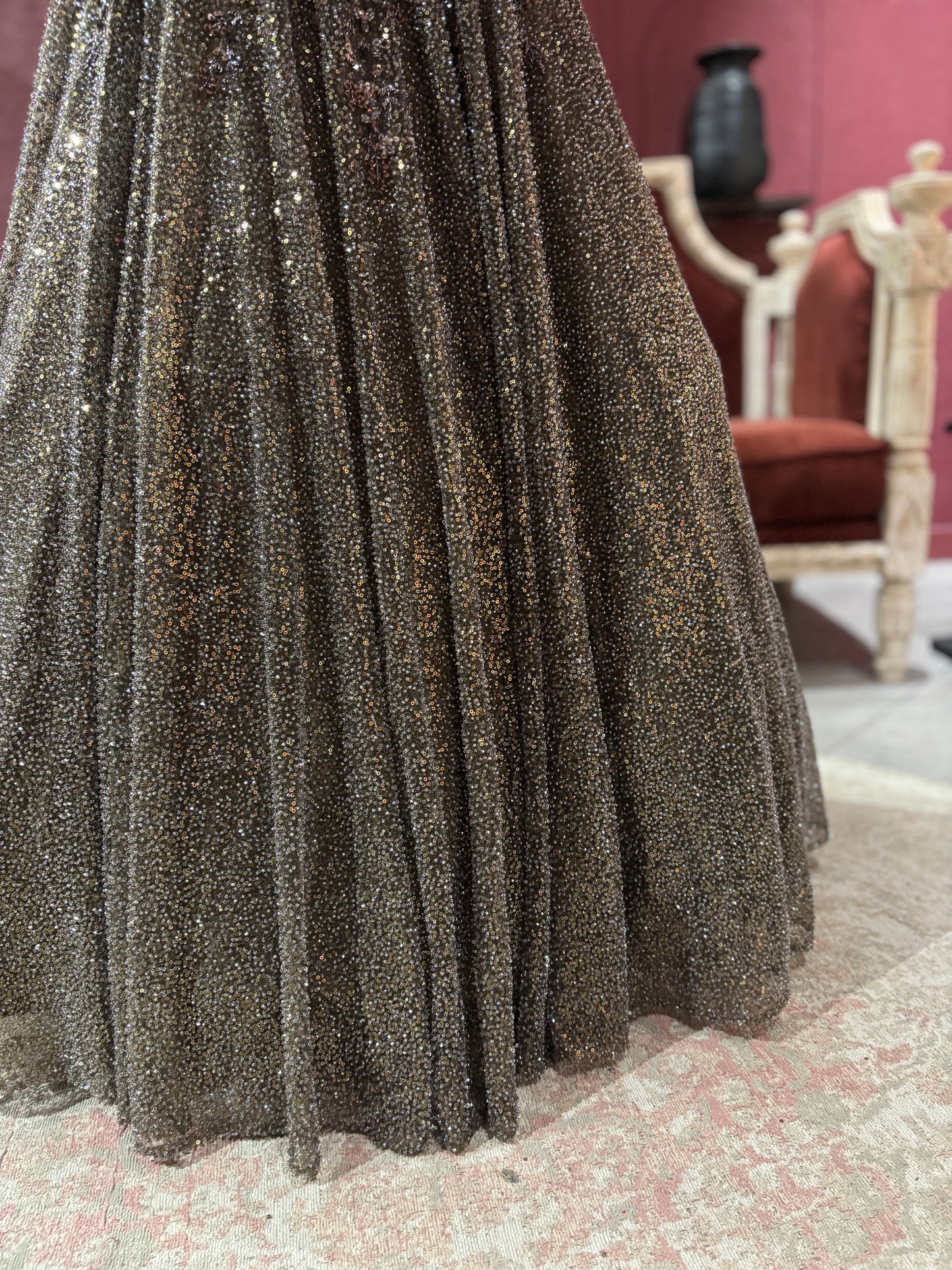 Mouse Colour Embellished Lehenga with Sequined Crop Top