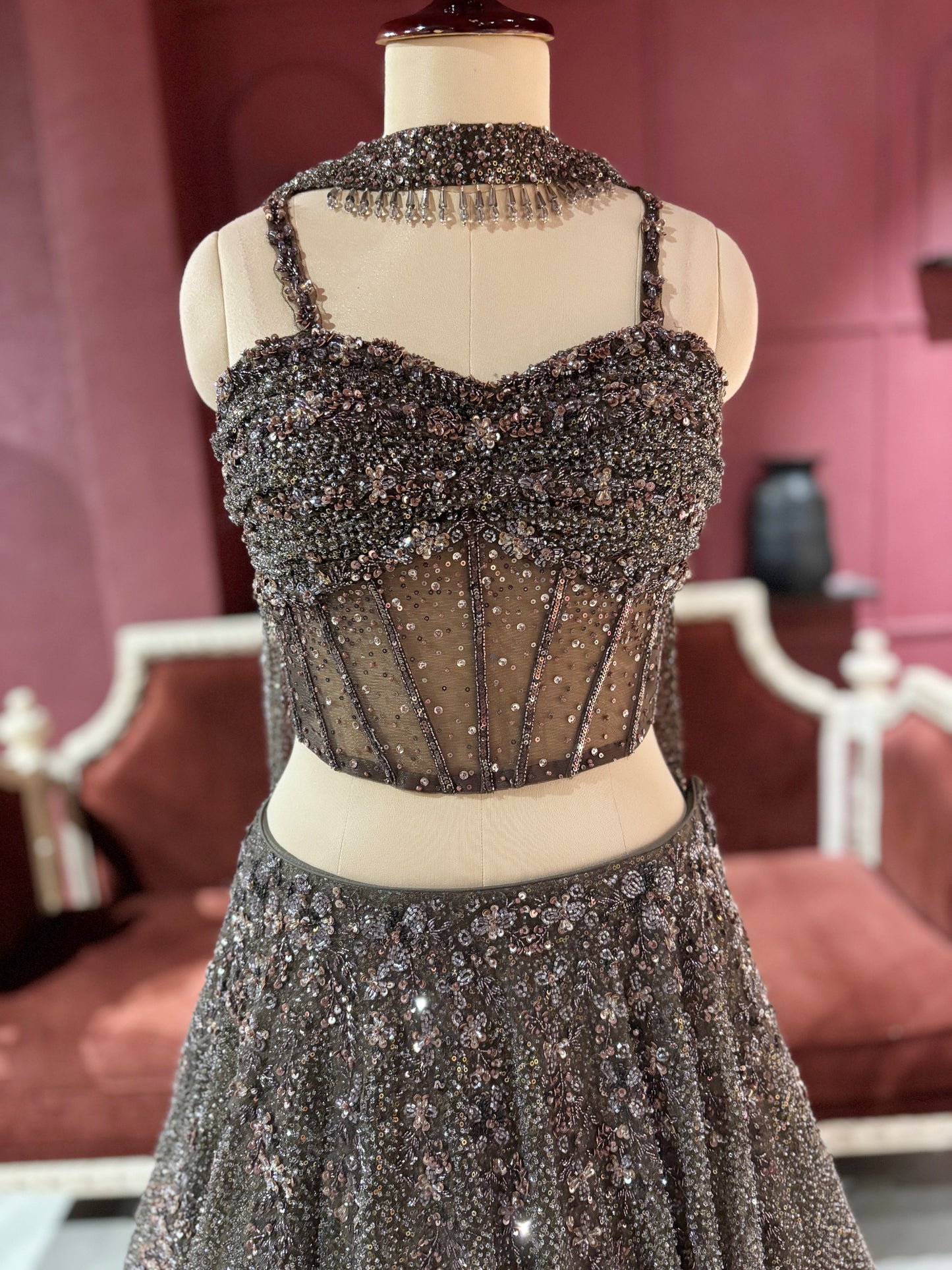 Mouse Colour Embellished Lehenga with Sequined Crop Top
