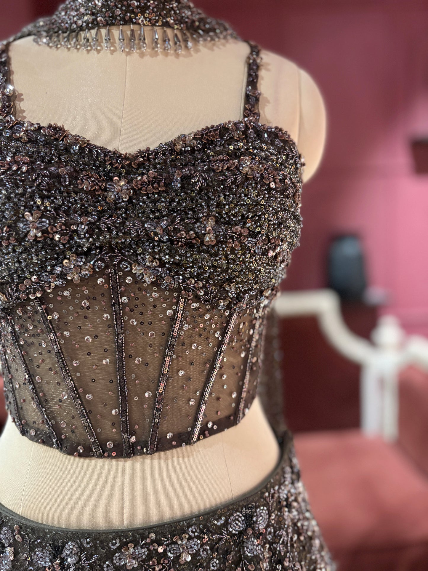 Mouse Colour Embellished Lehenga with Sequined Crop Top
