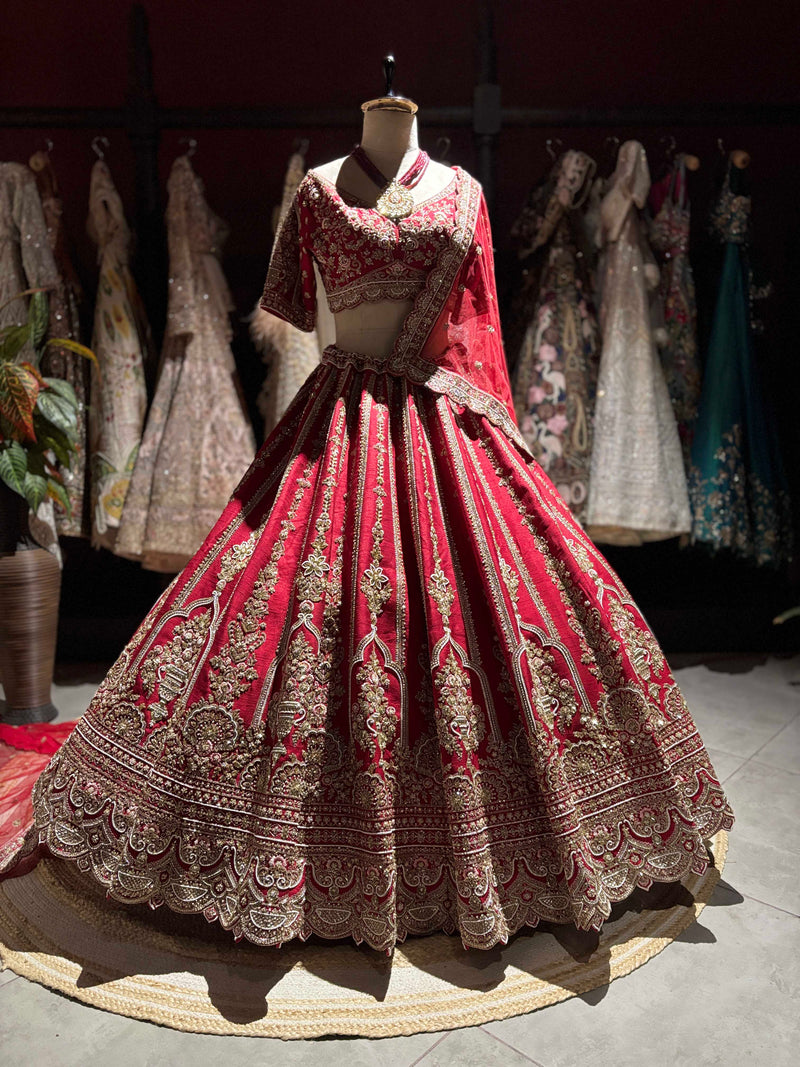 Deep Red Bridal Lehenga with Heavy Gold Embroidery & Dupatta