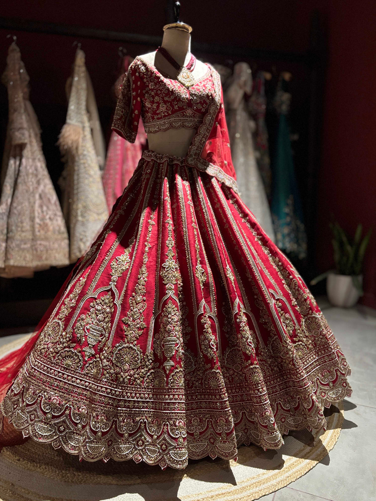 Deep Red Bridal Lehenga with Heavy Gold Embroidery & Dupatta