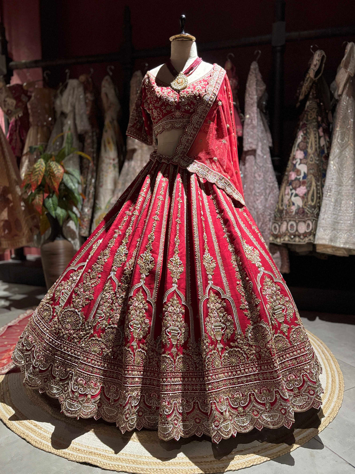 Deep Red Bridal Lehenga with Heavy Gold Embroidery & Dupatta