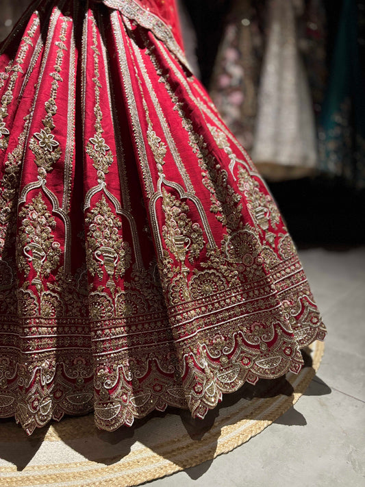Deep Red Bridal Lehenga with Heavy Gold Embroidery & Dupatta