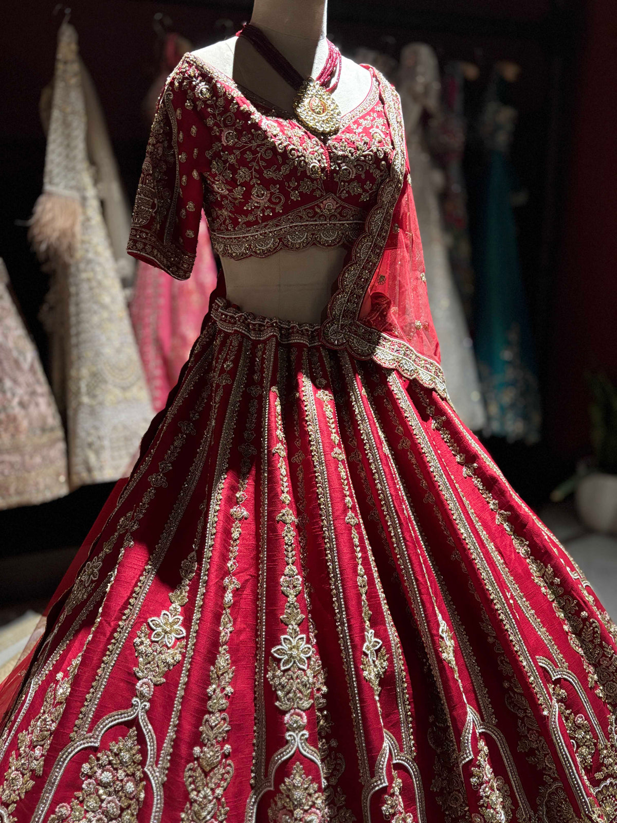 Deep Red Bridal Lehenga with Heavy Gold Embroidery & Dupatta