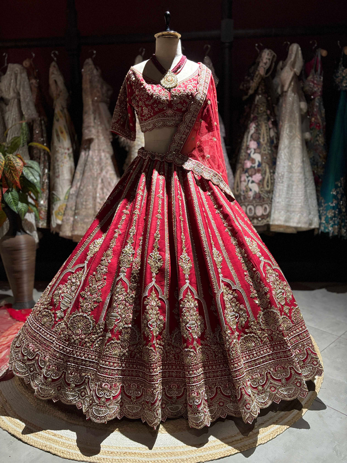 Deep Red Bridal Lehenga with Heavy Gold Embroidery & Dupatta