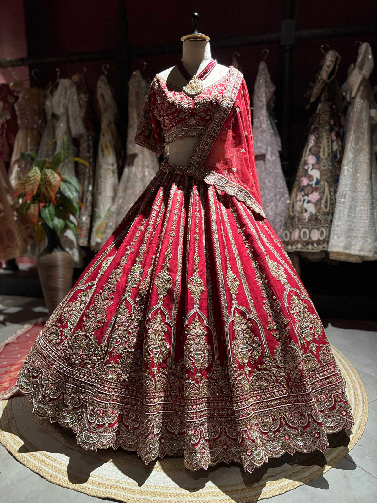 Deep Red Bridal Lehenga with Heavy Gold Embroidery & Dupatta