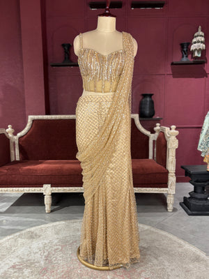 Designer Golden Drape Saree with Sequin Elegance