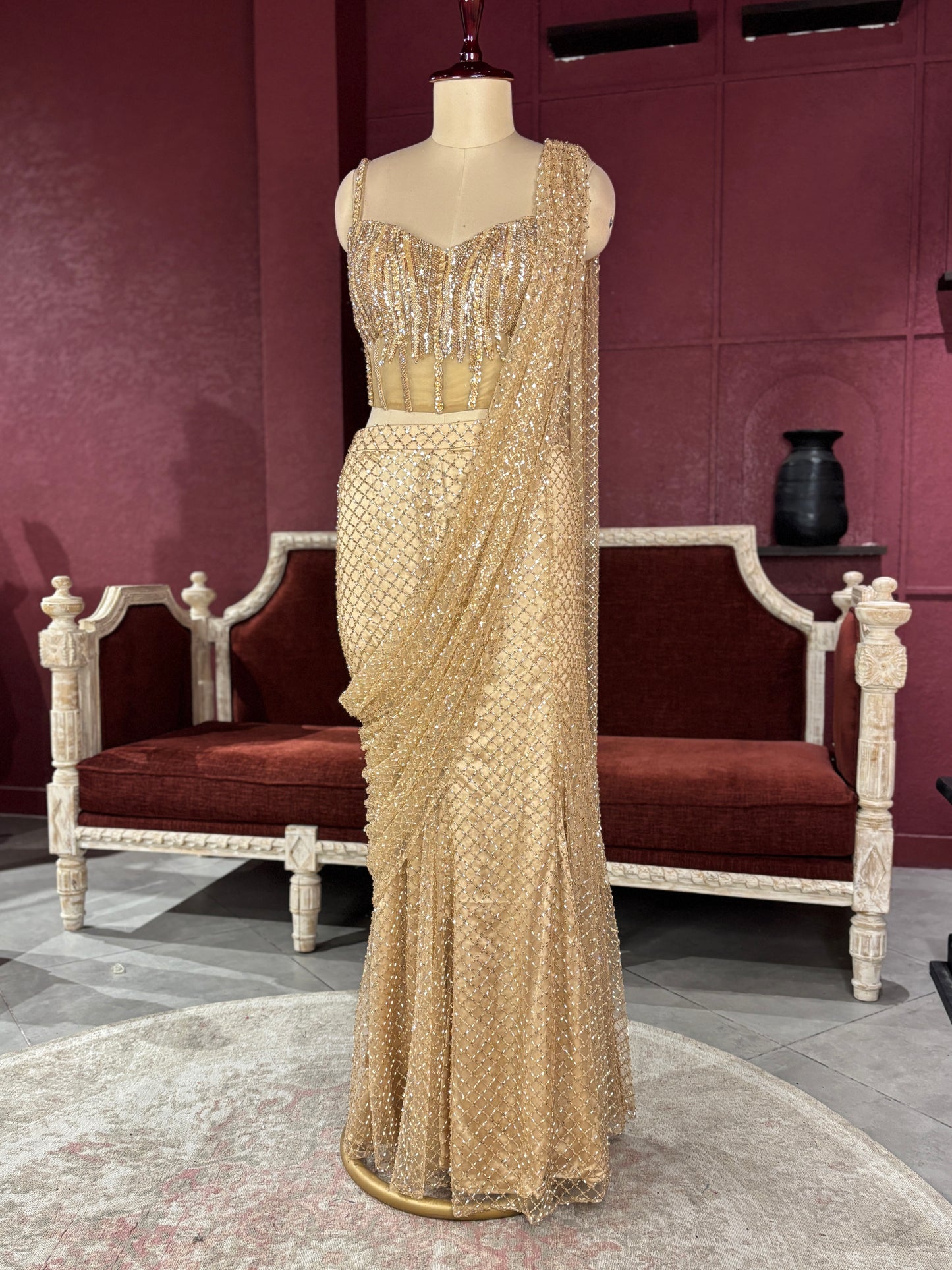 Designer Golden Drape Saree with Sequin Elegance