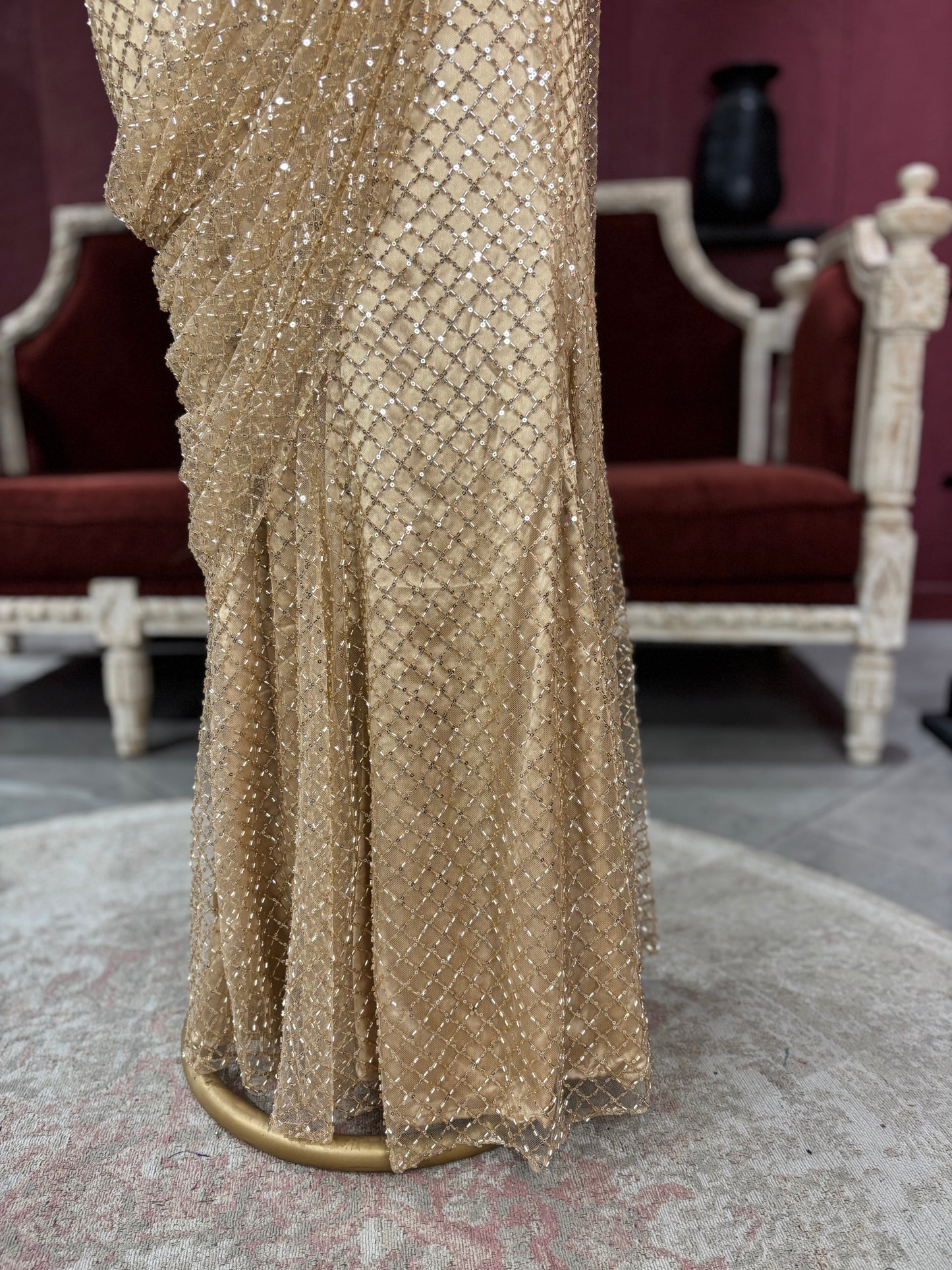 Designer Golden Drape Saree with Sequin Elegance