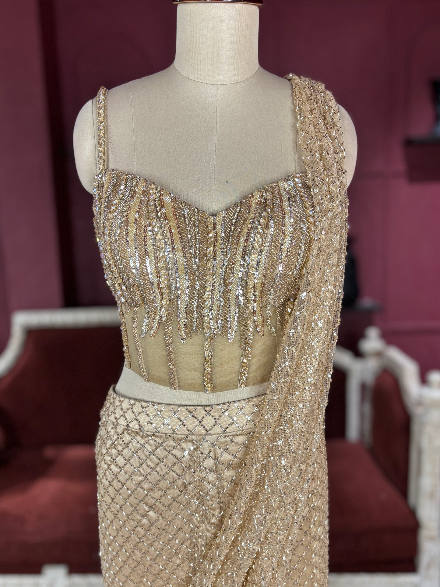 Designer Golden Drape Saree with Sequin Elegance
