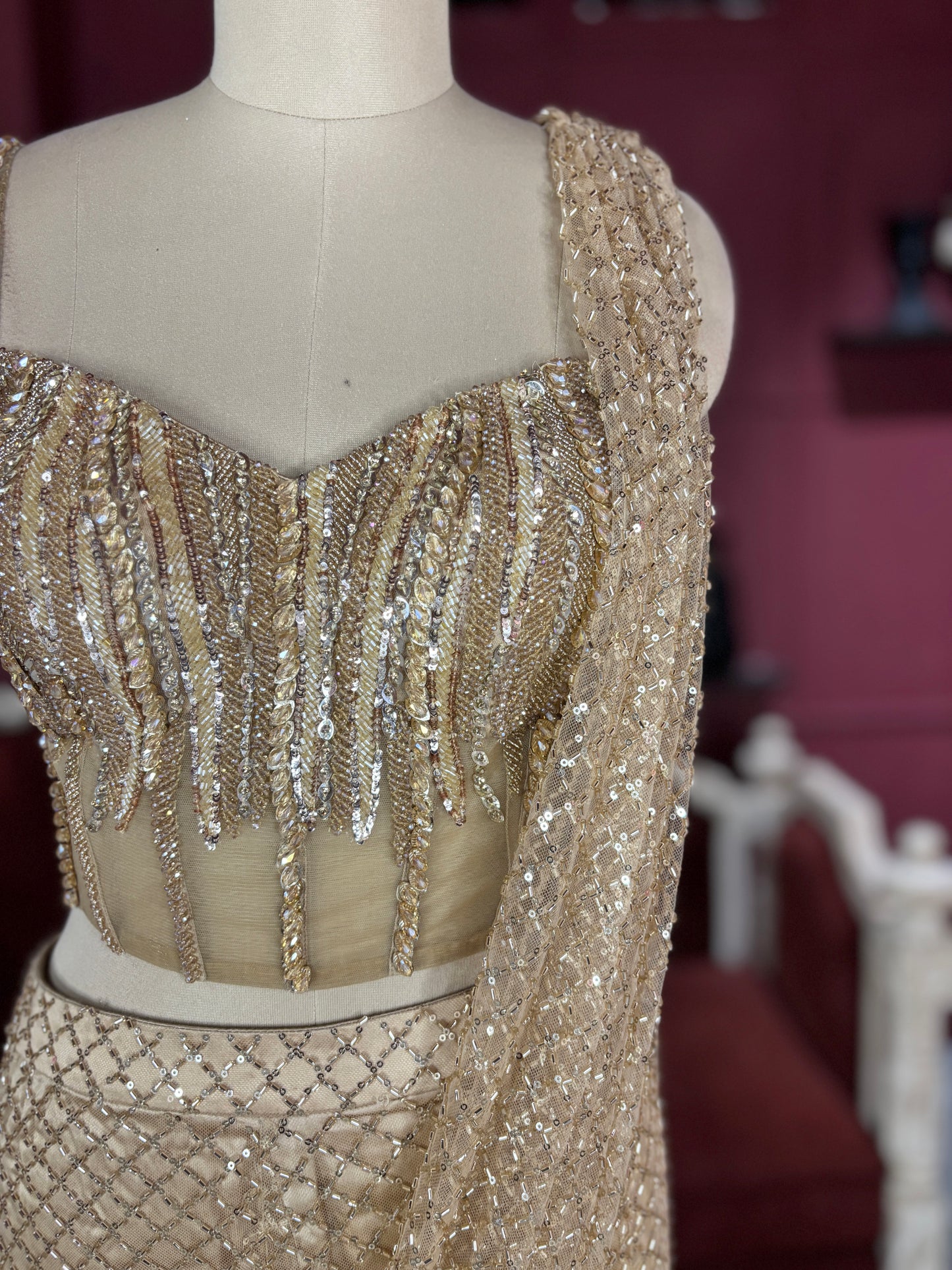 Designer Golden Drape Saree with Sequin Elegance