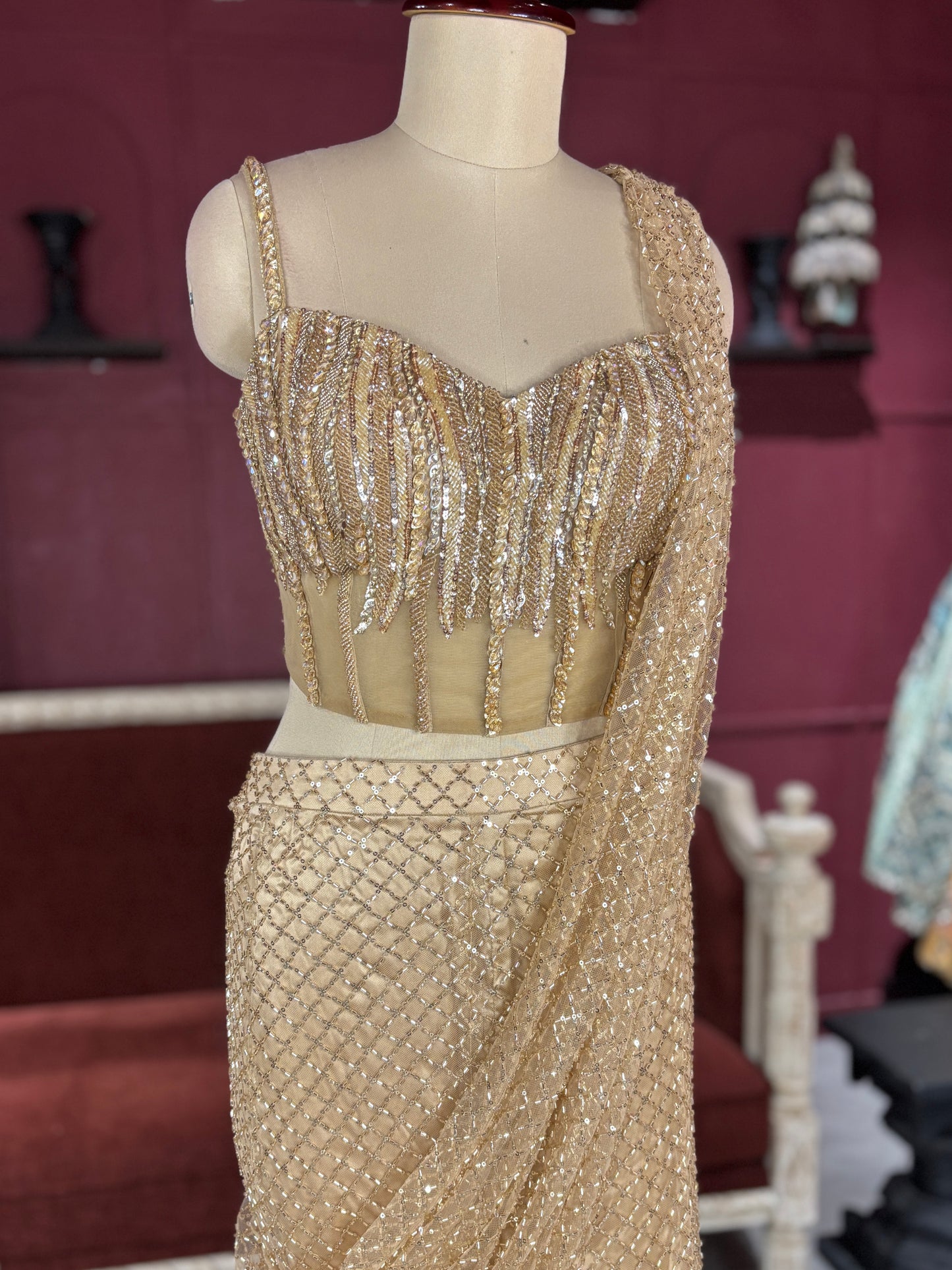 Designer Golden Drape Saree with Sequin Elegance