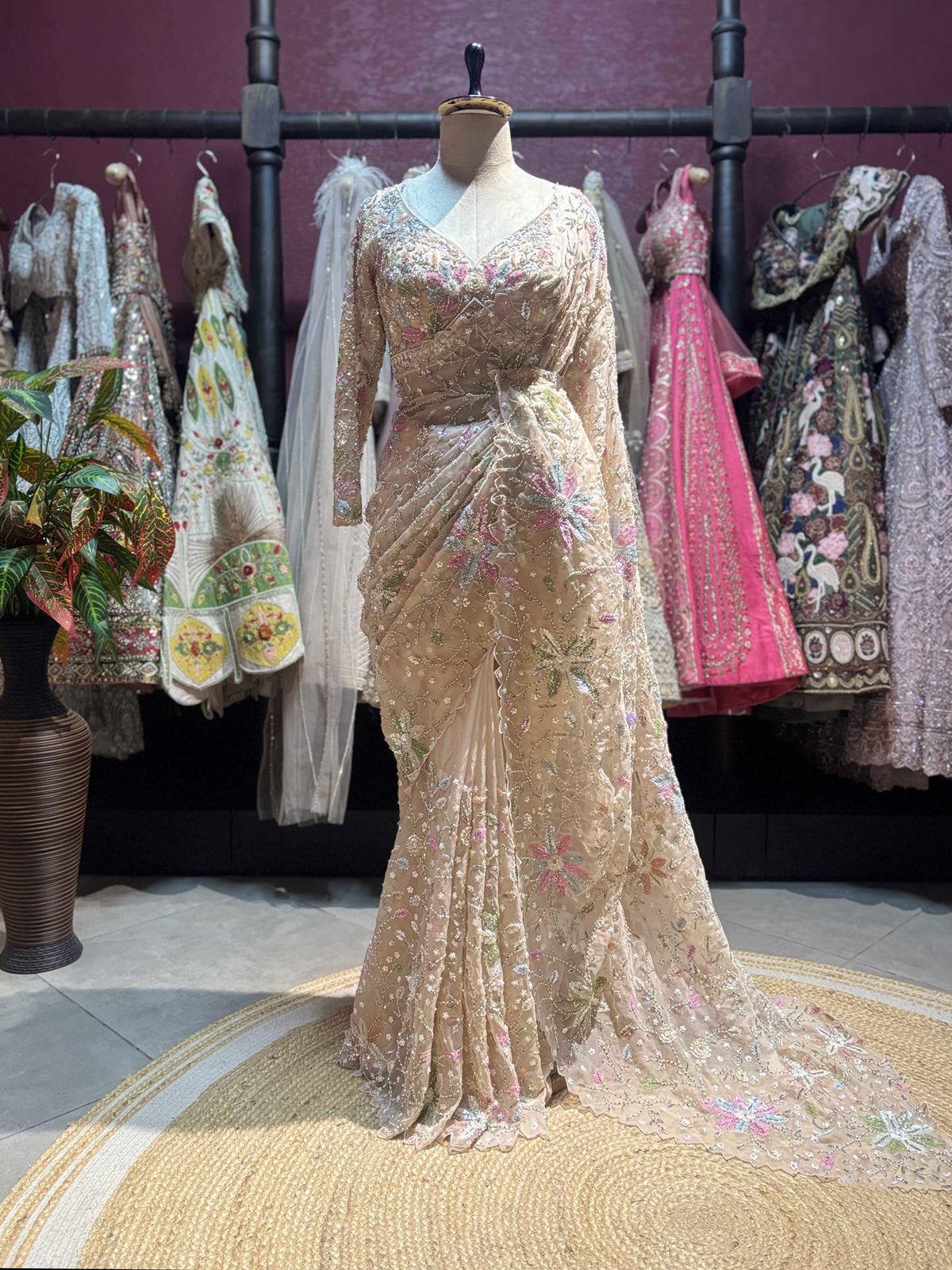 Champagne Floral Embroidered Saree with Full Sleeve Designer Blouse