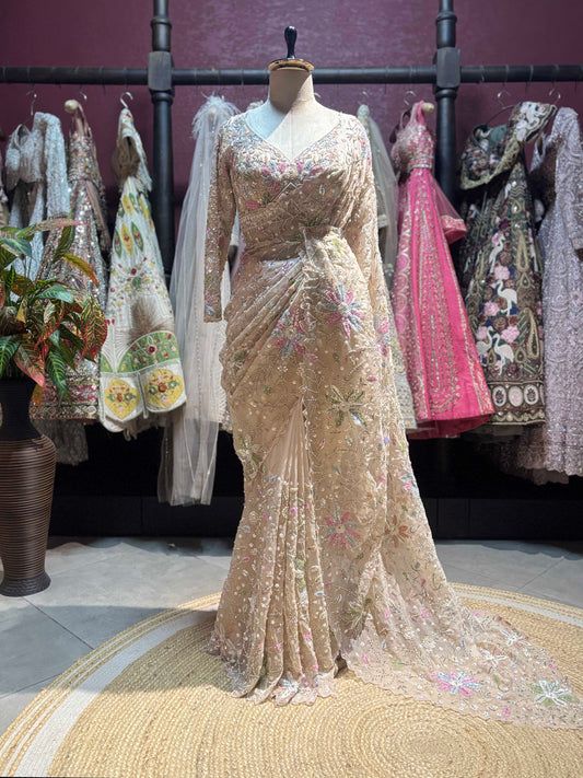 Champagne Floral Embroidered Saree with Full Sleeve Designer Blouse