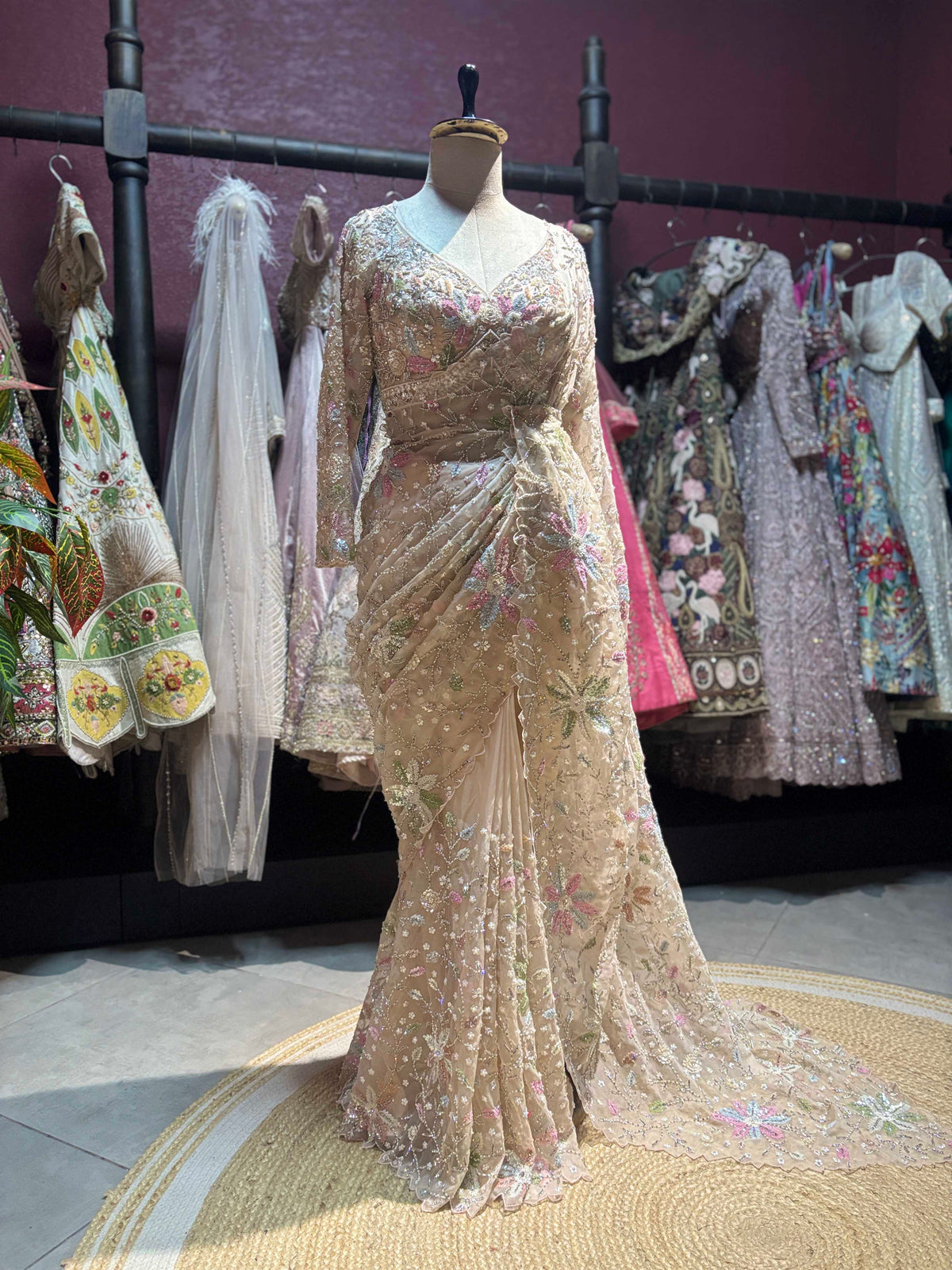 Champagne Floral Embroidered Saree with Full Sleeve Designer Blouse
