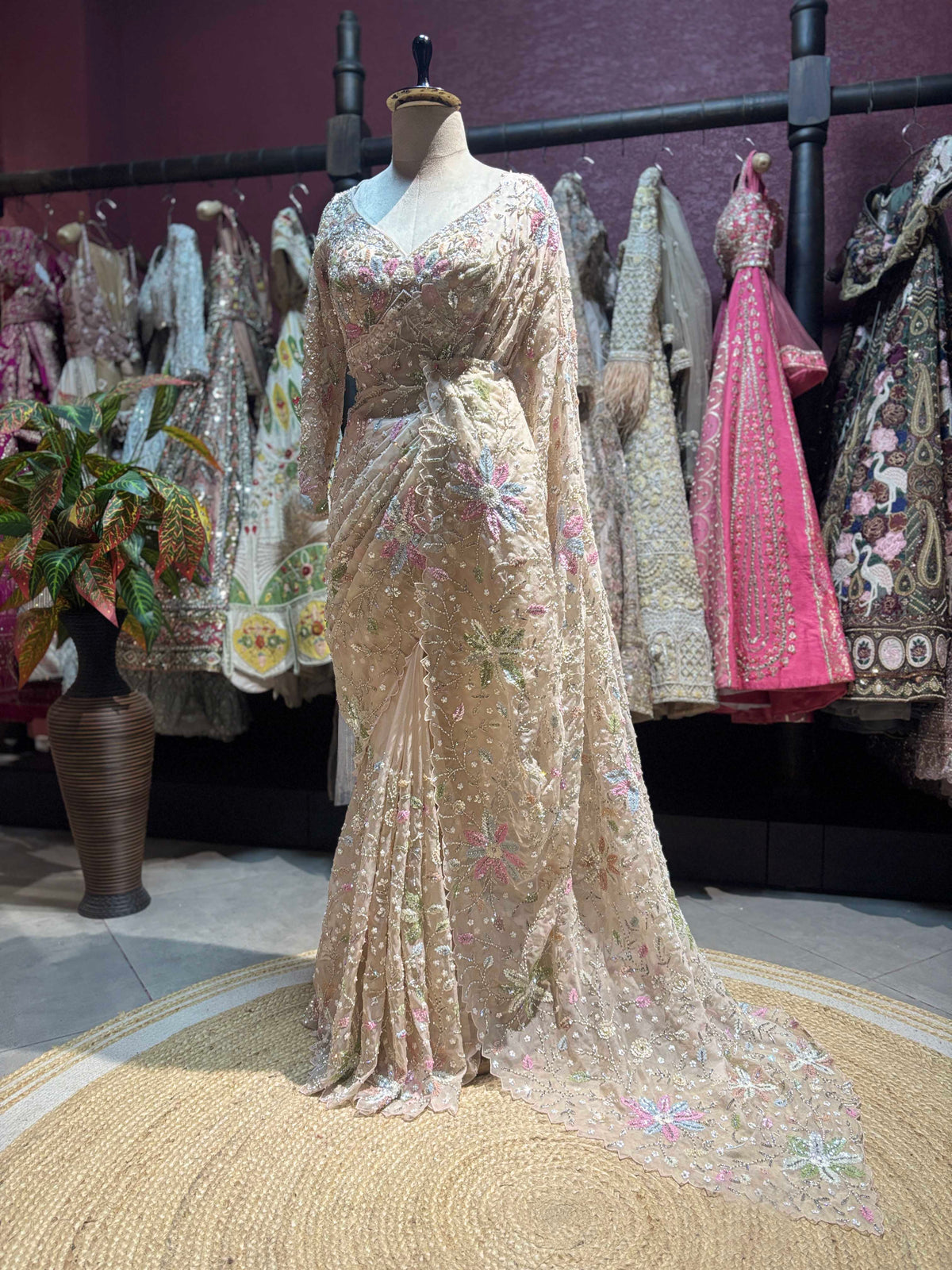 Champagne Floral Embroidered Saree with Full Sleeve Designer Blouse