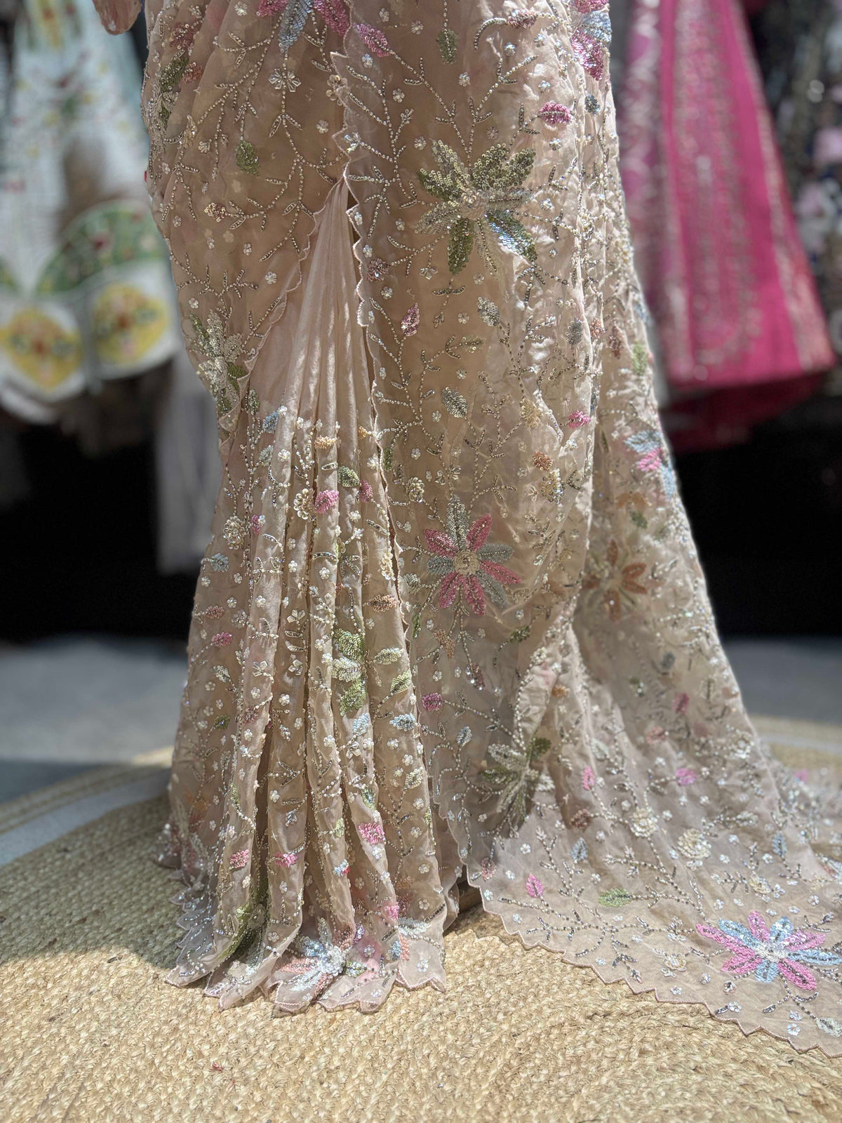 Champagne Floral Embroidered Saree with Full Sleeve Designer Blouse