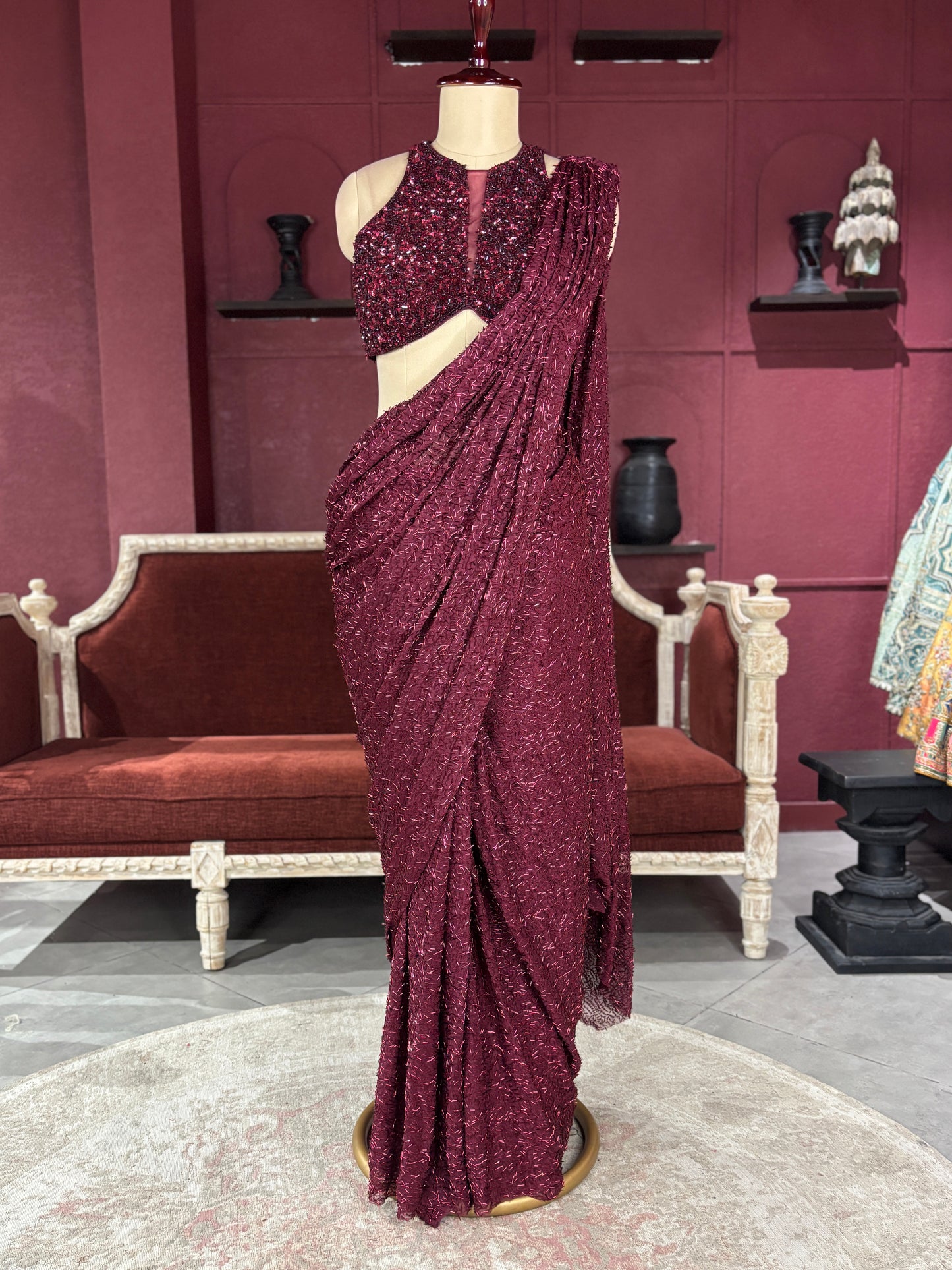 Designer Maroon Drape Saree with Sequin Elegance