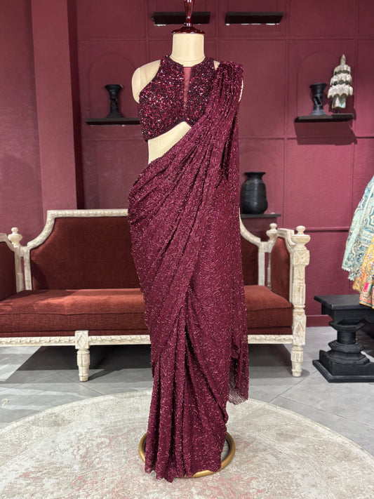 Designer Maroon Drape Saree with Sequin Elegance