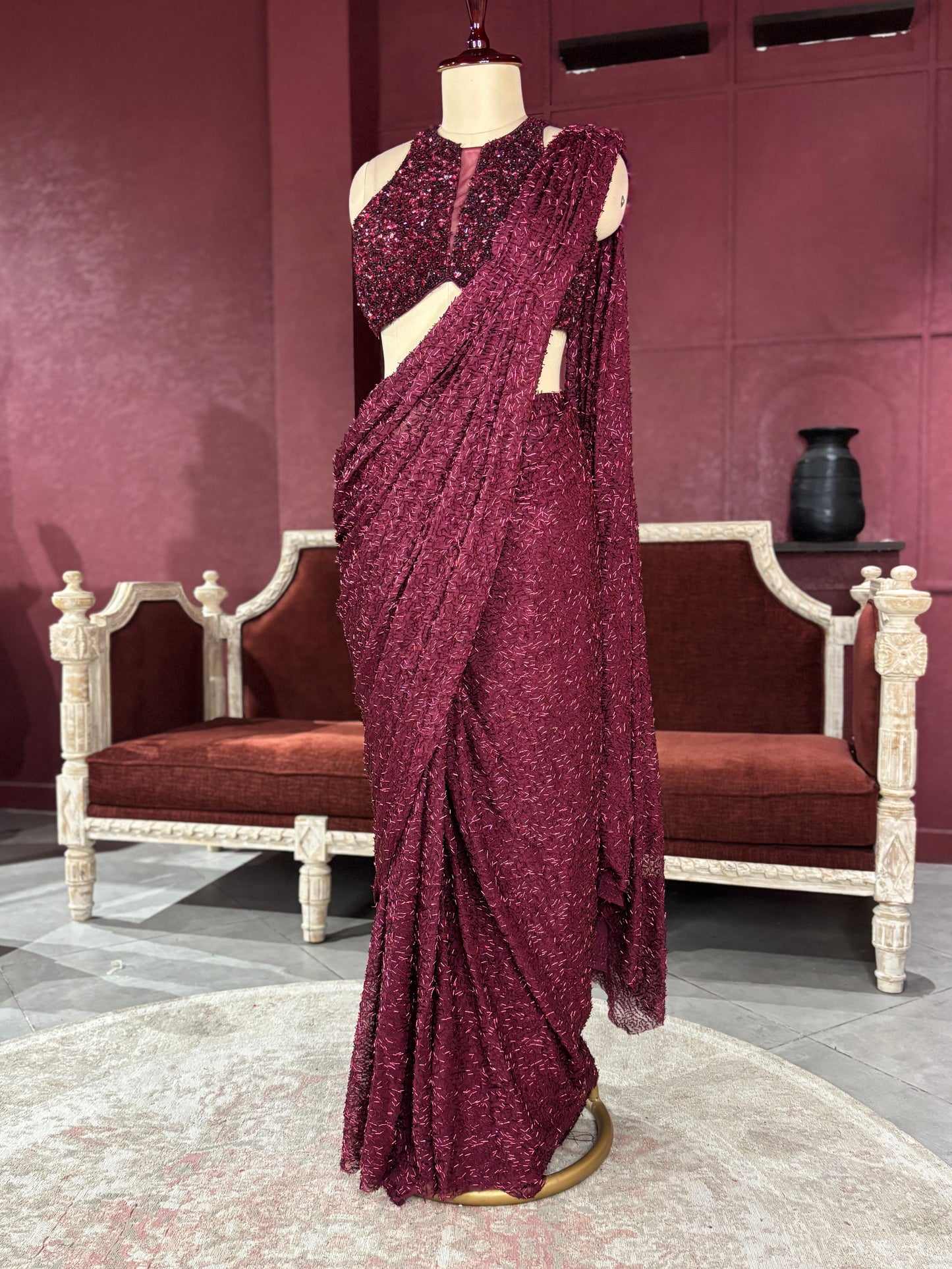 Designer Maroon Drape Saree with Sequin Elegance