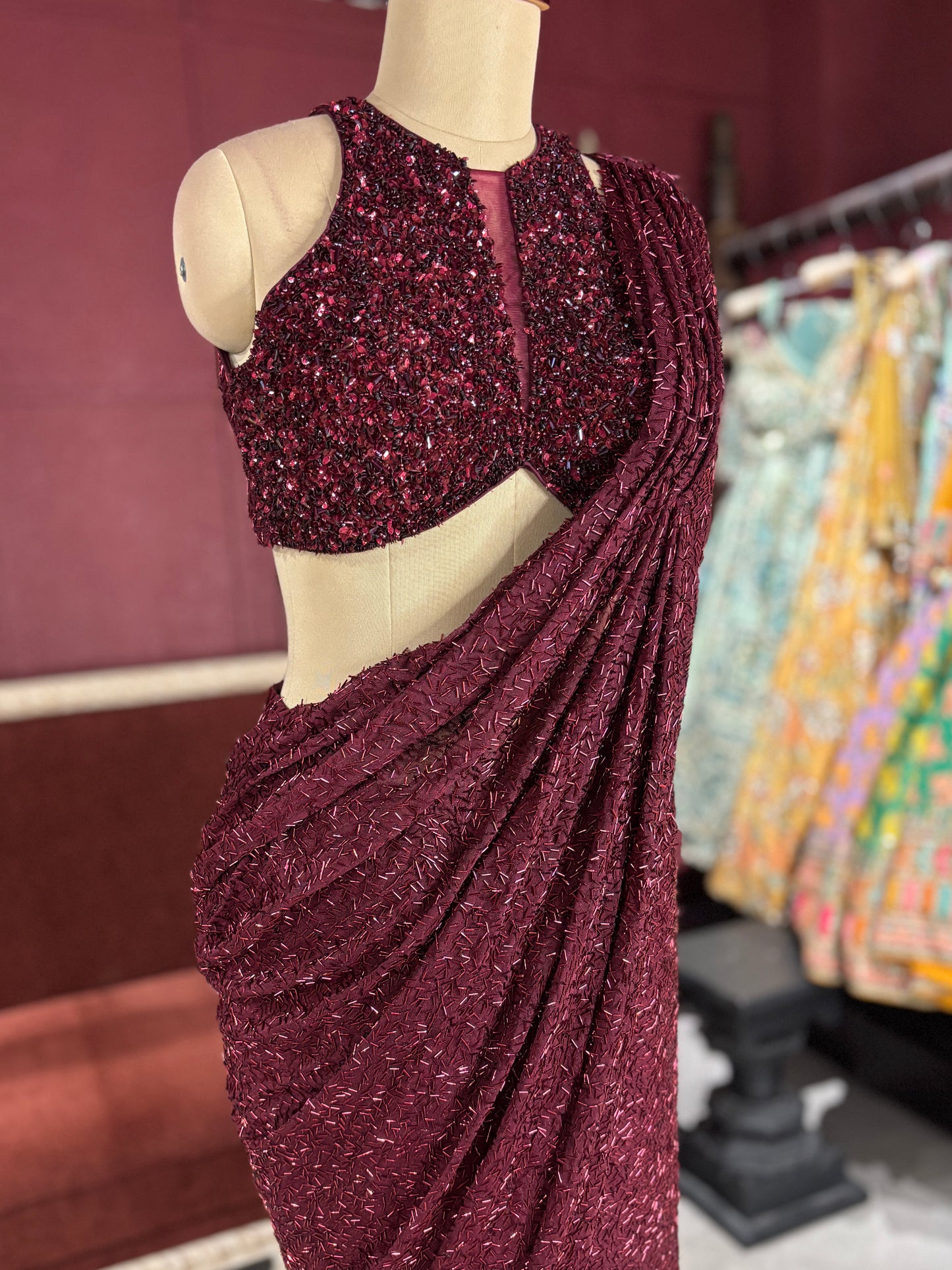 Designer Maroon Drape Saree with Sequin Elegance
